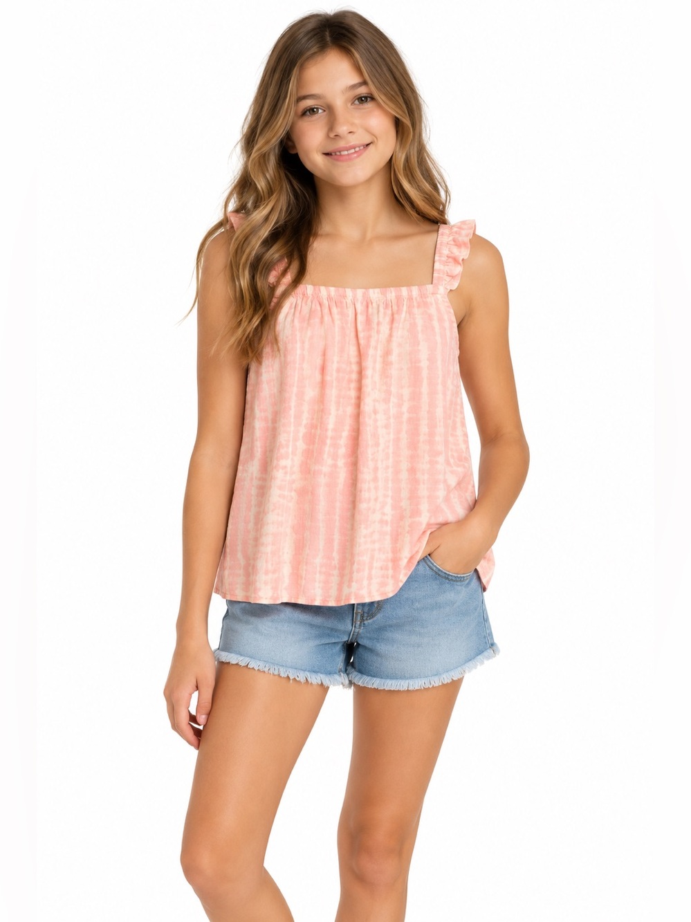 Square Neck Ruffle Trim Peach Tank Top